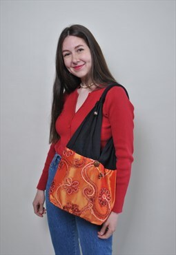 Boho orange bag, floral hippie purse, vintage 80s summer 