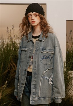 Distressed denim jacket angel patch jean varsity acid blue