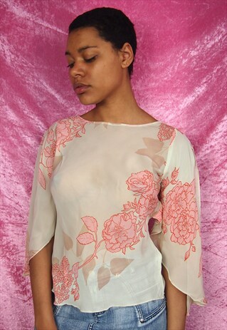 BEIGE SHEER FLORAL PRINT BLOUSE TOP