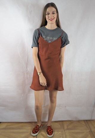 VINTAGE BROWN LINEN SLIP DRESS