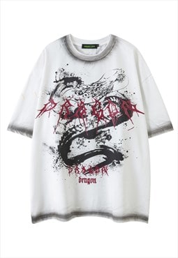 Dragon print t-shirt tie-dye tee retro snake top off white
