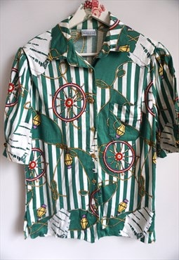 Vintage Womens Blouse Sailor style Green Gold 