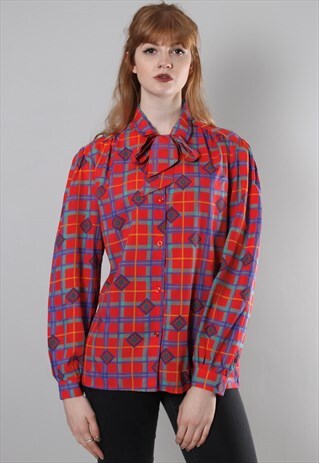 VINTAGE 80S CHECK PATTERNED TIE NECK BLOUSE