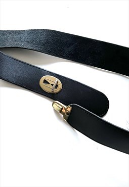 Vintage Real leather Black Minimal Ladies Gold Buckle Belt