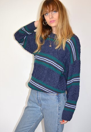 VINTAGE 90S NAVY STRIPE CABLE KNITTED JUMPER