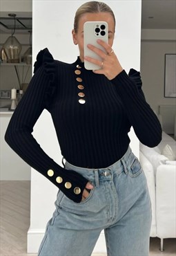 Black Frill Sleeve Gold Button Top