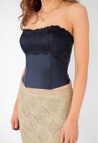VINTAGE 80S 90S SATIN LACE STRAPLESS SHORT CORSET TOP