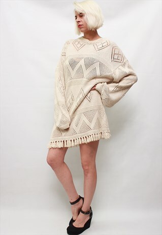 VINTAGE 70' UNIQUE HIPPIE BOHO SILK BEIGE FESTIVAL DRESS