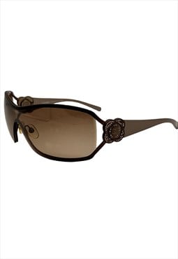 Chanel Sunglasses Shield Rimless Oversized Visor Wrap Brown 