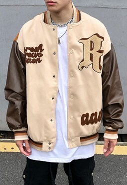Khaki faux leather Embroidered Baseball Oversized jacket Y2k