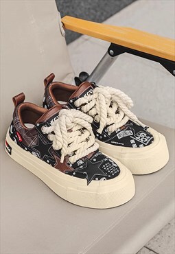 Chunky sole canvas shoes patchwork platform trainers brown