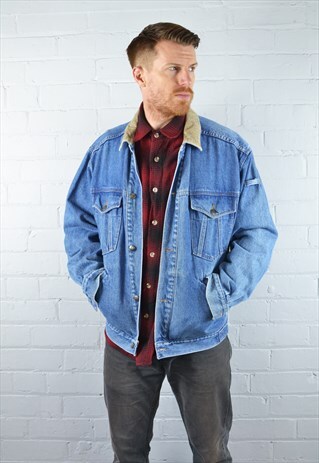 VINTAGE MID BLUE CORDUROY COLLARED DENIM JACKET