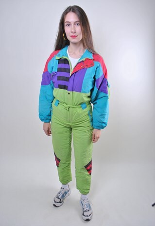 VINTAGE MULTICOLOR PATTERN SKI SUIT, WOMMEN HOODED SNOWSUIT