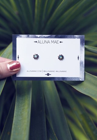 STERLING SILVER FLOWER WHITE OPAL STUD EARRINGS - LARA