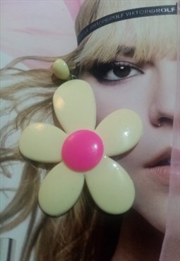 Large cream/hot pink statement retro flower power earrings