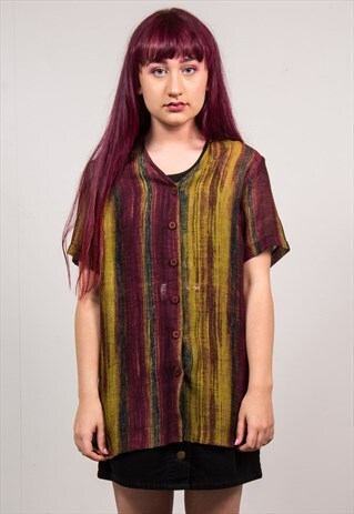 VINTAGE 90'S GREEN STRIPED BOHO COLLARLESS BLOUSE SHIRT