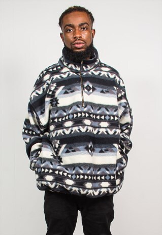 90'S RETRO AZTEC MONOCHROME QUARTER ZIP FLEECE JUMPER