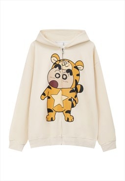 Cartoon hoodie animal print pullover anime top in cream