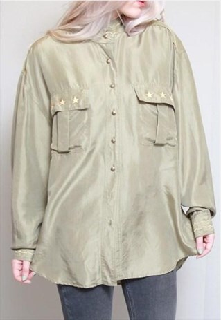 VINTAGE 1970'S OVERSIZED GREEN MILITARY SILK BLOUSE