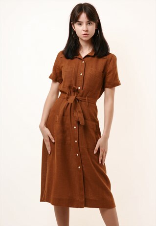 80S VINTAGE BROWN WOOL LINEN WORKWEAR MIDI DRESS 899