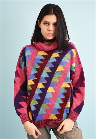 80'S RETRO COLOUR BLOCK OVERSIZED ROLL NECK KNIT JUMPER