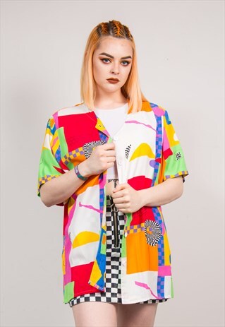 VINTAGE 90'S BRIGHT ABSTRACT WAVEY PATTERN IBIZA SHIRT