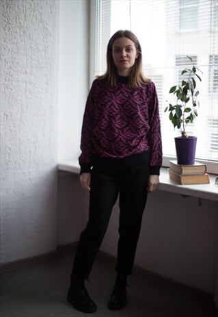 VINTAGE 80'S BLACK PINK GLOSSY JUMPER