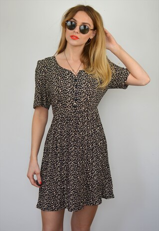 VINTAGE 90S BLACK & CREAM FLORAL PRINT MINI DRESS