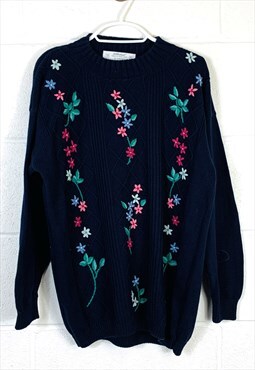 Vintage Knitted Jumper Blue Flower Patterned