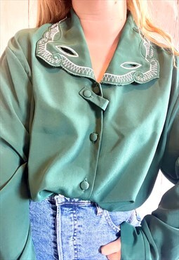 Vintage Green Plus Size Embroidered Collar 80's Blouse