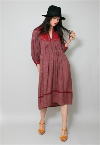 70'S VINTAGE LADIES INDIAN COTTON FOLK SMOCK MIDI DRESS