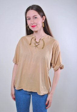 Lace collar women vintage heritage beige tshirt 