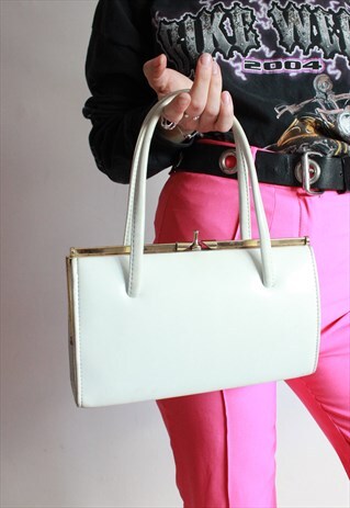 VINTAGE 60S CREAM LEATHER HANDBAG WITH SUEDE LINING