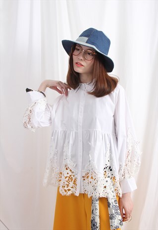 (KOREAN) CROCHET LACE DETAIL BLOUSE WITH PUFF SLEEVE WHITE