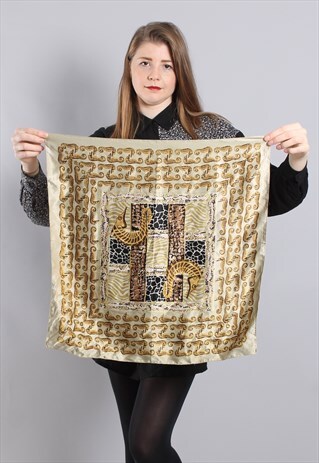 VINTAGE 80S BEIGE SILK SEAHORSE PATTERNED SCARF