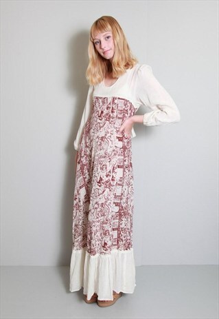 VINTAGE 1970'S AMAZING CREAM AND RED BOHO STYLE MAXI DRESS