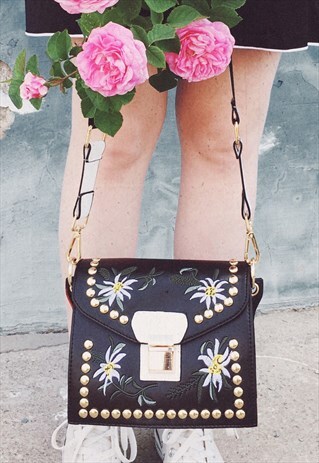 EMBROIDERED BAG WITH EMBELLISHMENT - BLACK
