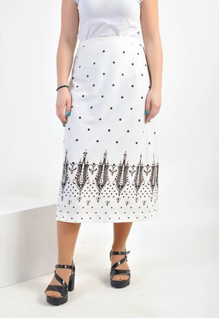 VINTAGE 80'S WHITE MIDI SKIRT IN ABSTRACT PRINT