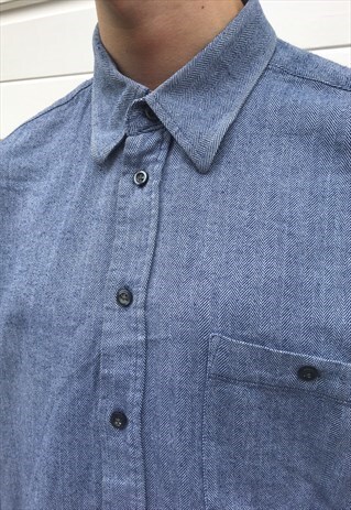 MENS VINTAGE 80S 90S SHIRT BLUE PATTERNED LONG SLEEVE TOP