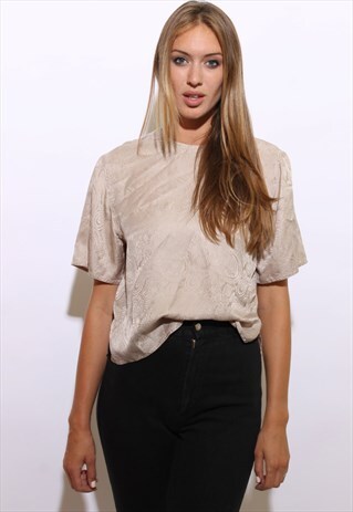 VINTAGE 1980'S 80'S PAISLEY EMBOSSED BEIGE SILK BLOUSE S-M