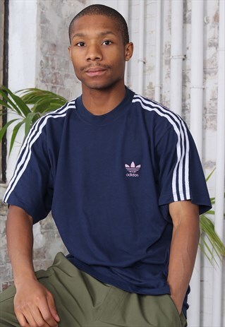 VINTAGE ADIDAS LOGO THREE STRIPE T-SHIRT NAVY BLUE