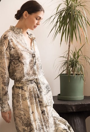 Animal and Forest Scarf print Shirt and Midi Skirt Co-ords 