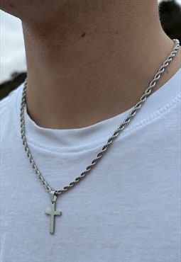 Silver Rope Chain Cross Necklace 