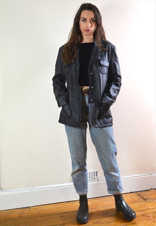 1990S VINTAGE BLACK LEATHER BUTTON UP JACKET
