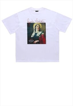 Saint print t-shirt psychedelic tee religion top in white