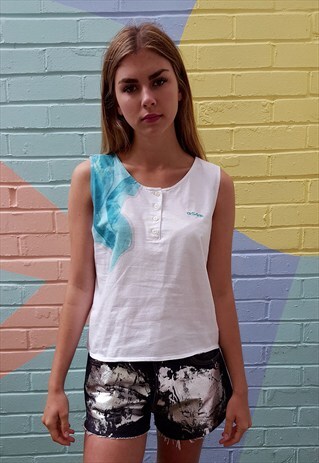 WHITE SLEEVELESS VEST T SHIRT TOP WITH AQUA PRINT & LOGO