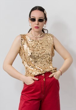 Vintage 90's sequins top in gold sleeveless blouse 