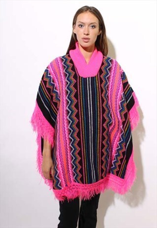 VINTAGE 1960'S 60'S NEON ZIG ZAG PSYCHEDELIC PONCHO CAPE OS