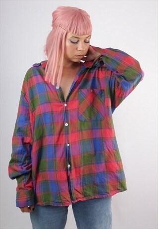 VINTAGE 80'S PLAID CHECK PATTERN BOYFRIEND SHIRT
