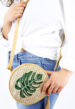 PALM WOVEN CROSSBODY TASSEL ROUND BAG